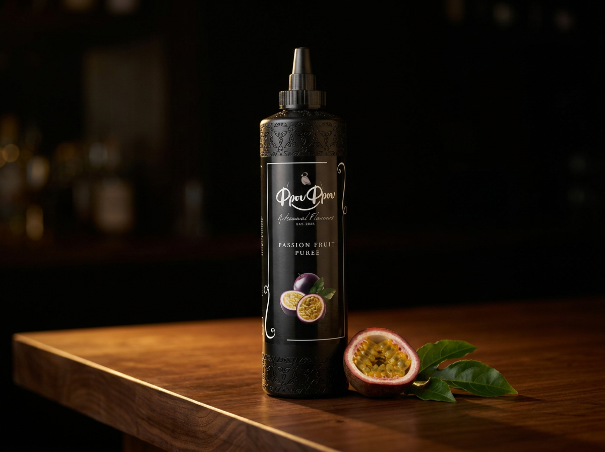 Frou Frou Passion Fruit purée bottle in a cocktail bar