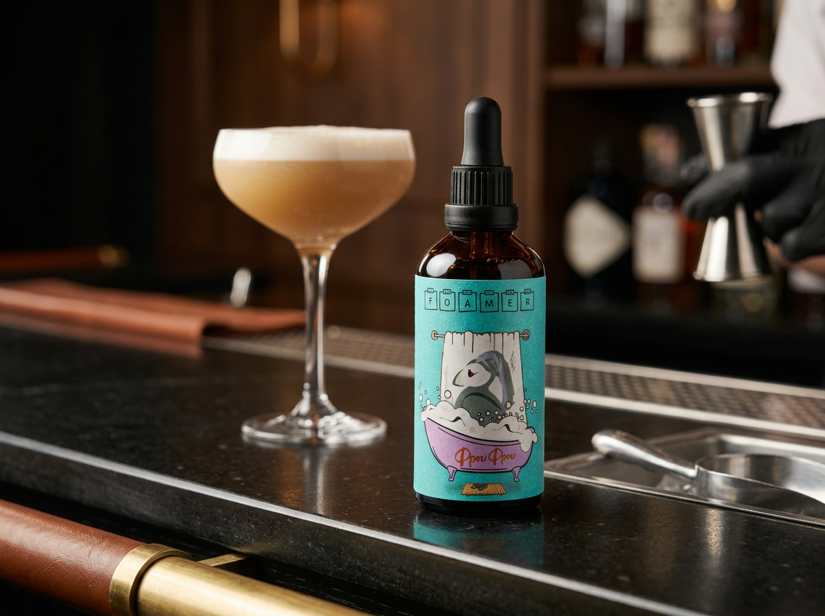 Frou Frou Foamer beside a finished cocktail