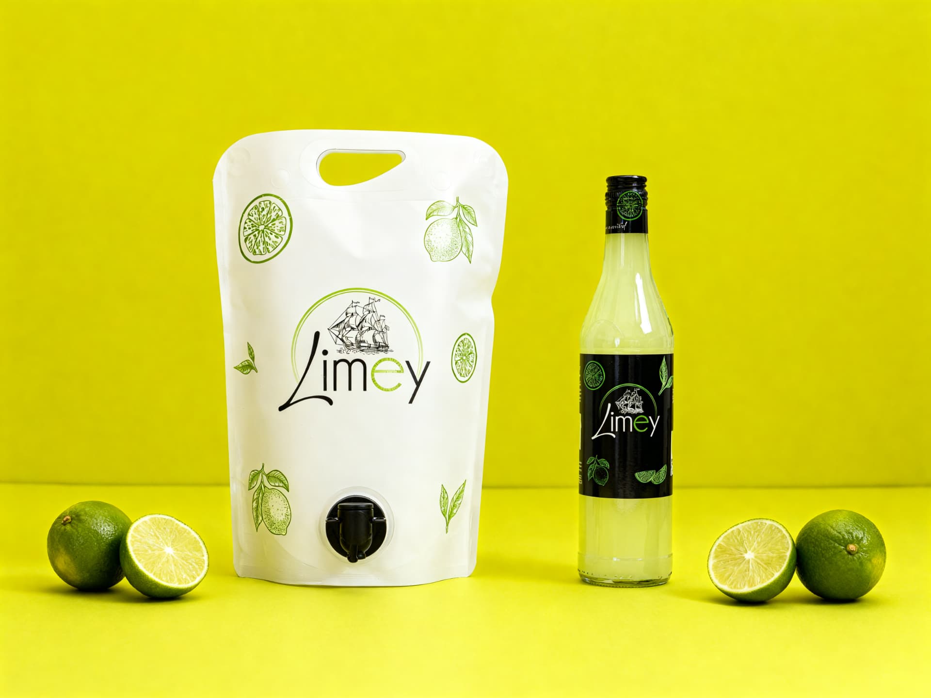 Limey 3 lt pouch and 750 ml glass bottle with fresh limes