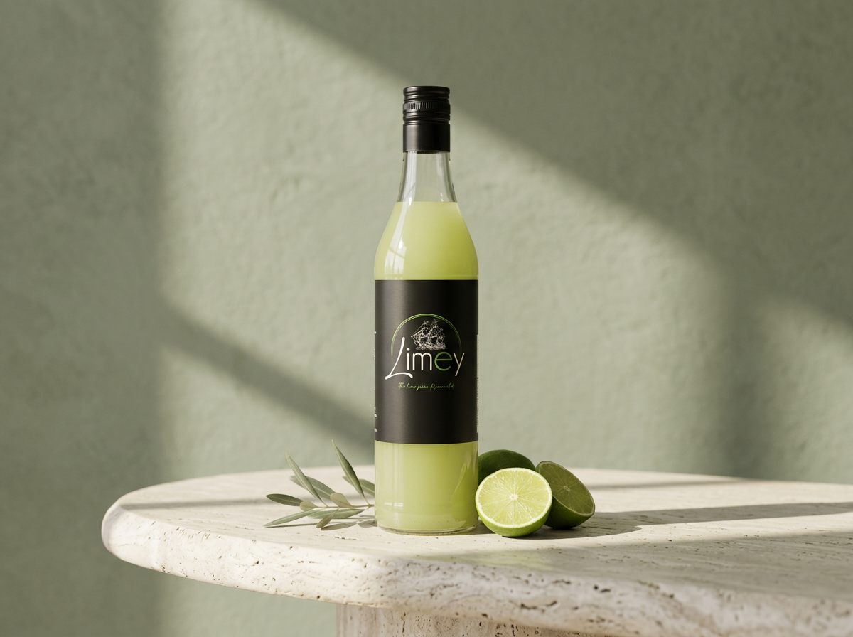 Limey lime juice bottle with fresh limes