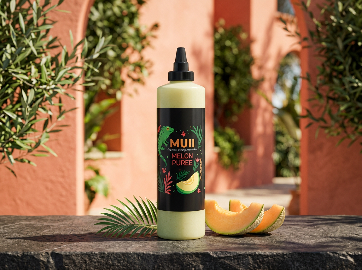 MUII fruit purée bottle in a Mediterranean setting