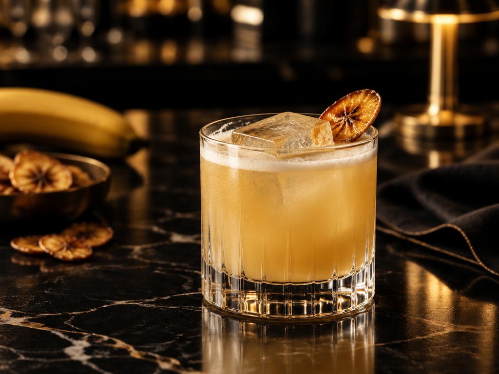 Banana Lotus cocktail over clear ice with a banana chip