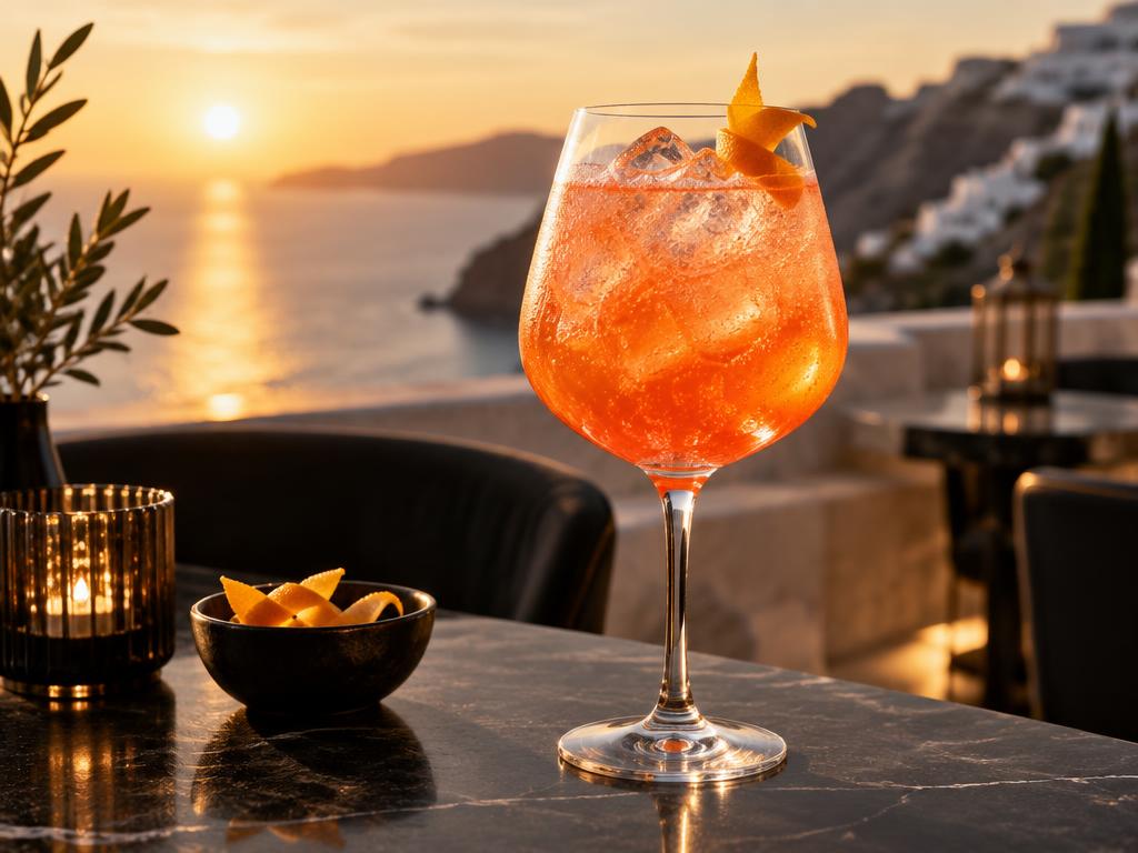 Orange Lobster Spritz in a large wine glass at sunset