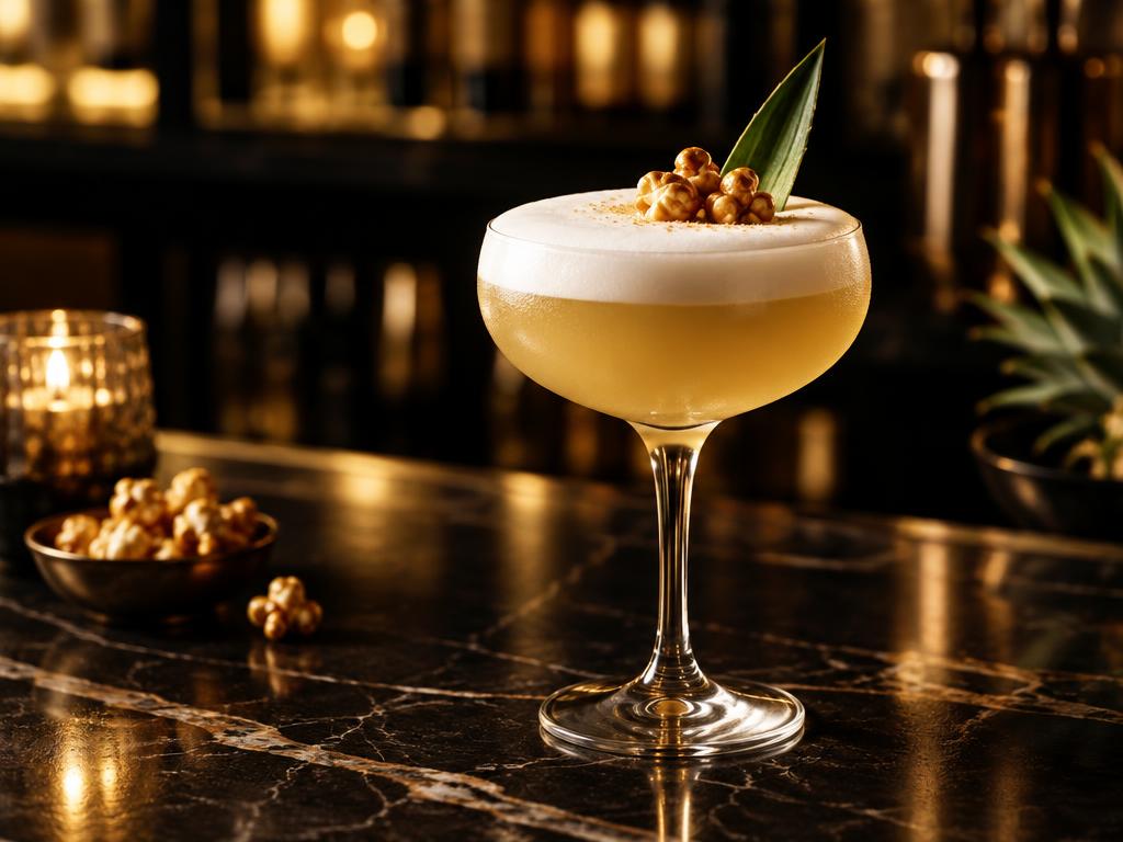 Pine Pop pineapple cocktail with foam and caramel popcorn